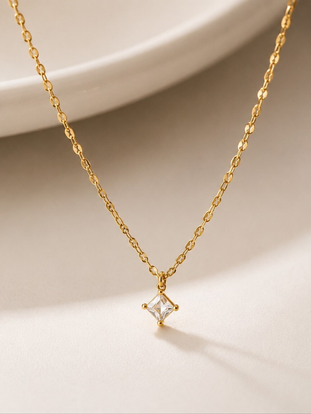 Gold Stainless Steel Rhinestone Diamond-Shaped Pendant Necklace